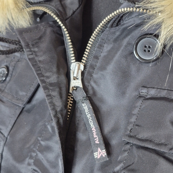 Alpha Industries Adrienne Black Nylon Jacket Attached Hood Removable Fur Trim -S - Picture 8 of 16